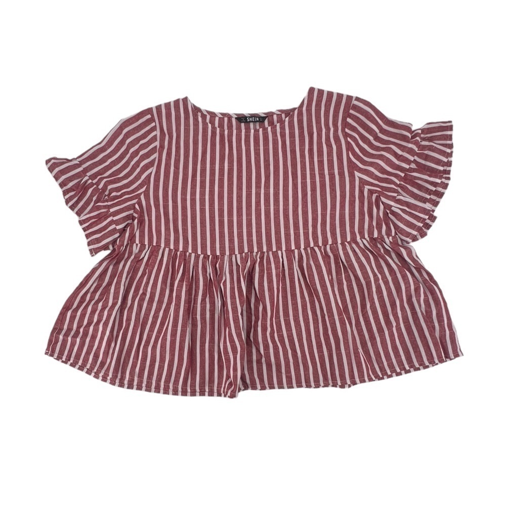 SHEIN Red White Striped Short Flutter Sleeve Peplum Blouse Size Large Women’s